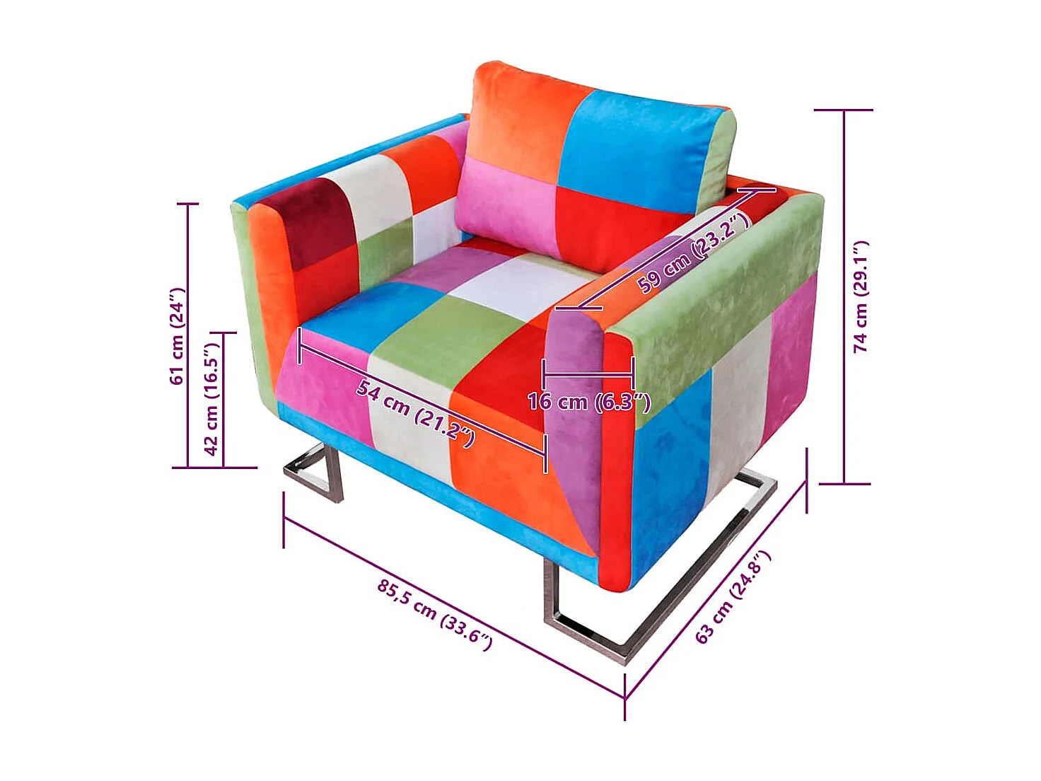 Poltrona cubo com pés cromados, tecido com design de retalhos