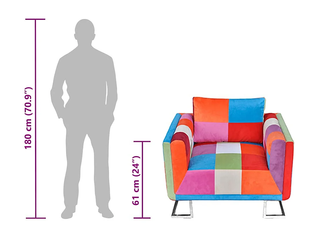 Poltrona cubo com pés cromados, tecido com design de retalhos