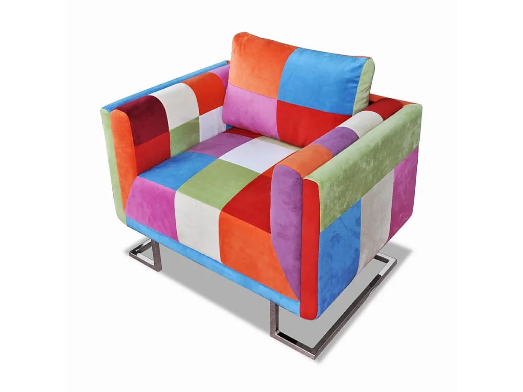 Fauteuil met patchwork ontwerp en verchroomde poten kubus stof