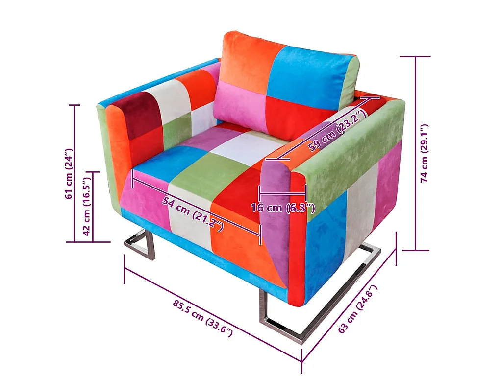 Fauteuil met patchwork ontwerp en verchroomde poten kubus stof