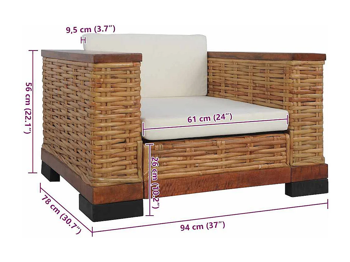 Fauteuil avec coussins Marron Rotin naturel