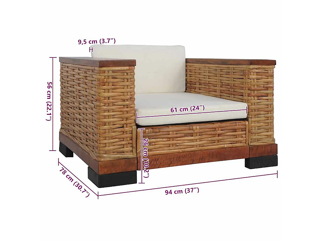 Fauteuil avec coussins Marron Rotin naturel