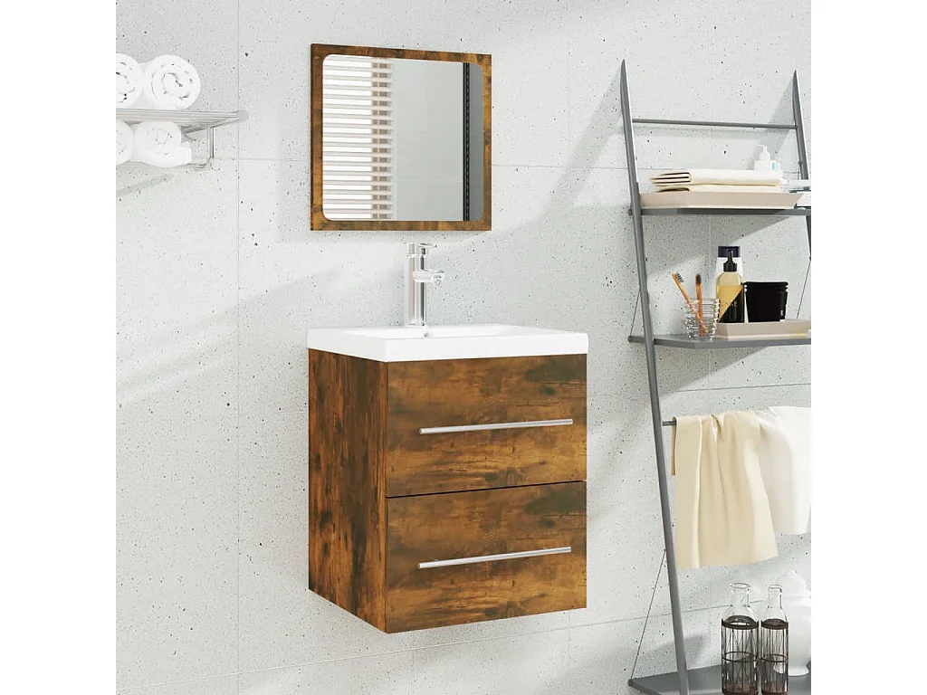 Waschbeckenschrank mit Einbaubecken Räuchereiche Holzwerkstoff