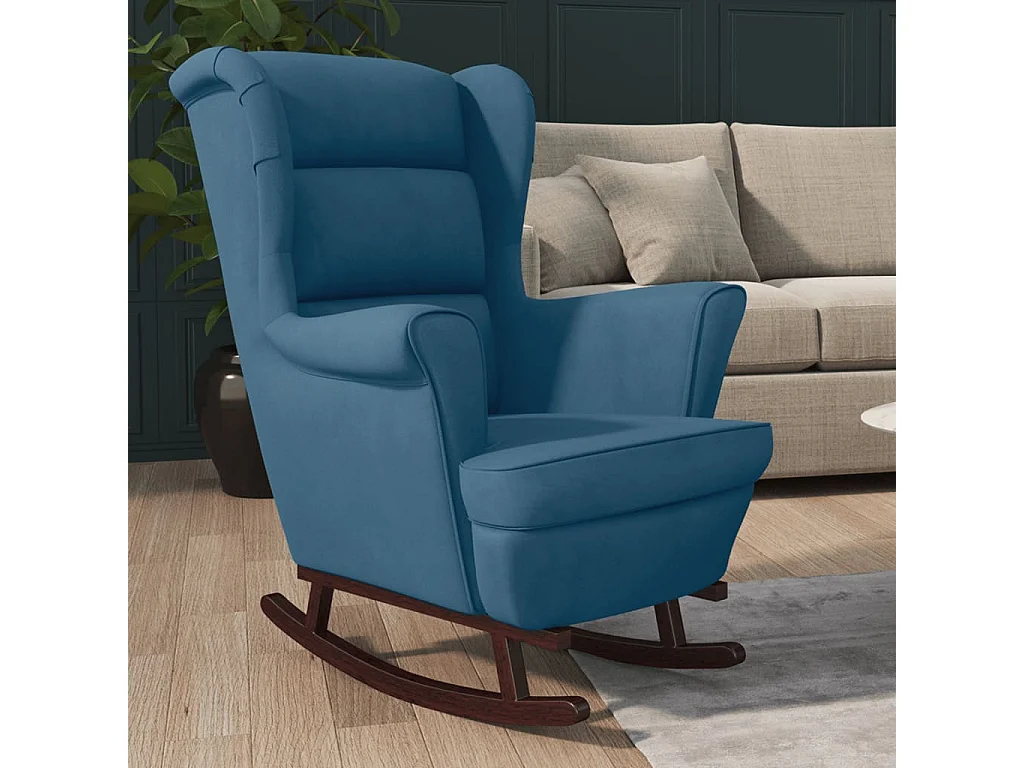Fauteuil à bascule à oreilles en velours bleu bois massif
