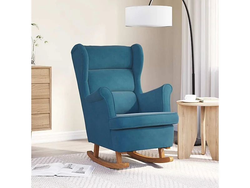 Fauteuil à bascule à oreilles en velours bleu bois massif