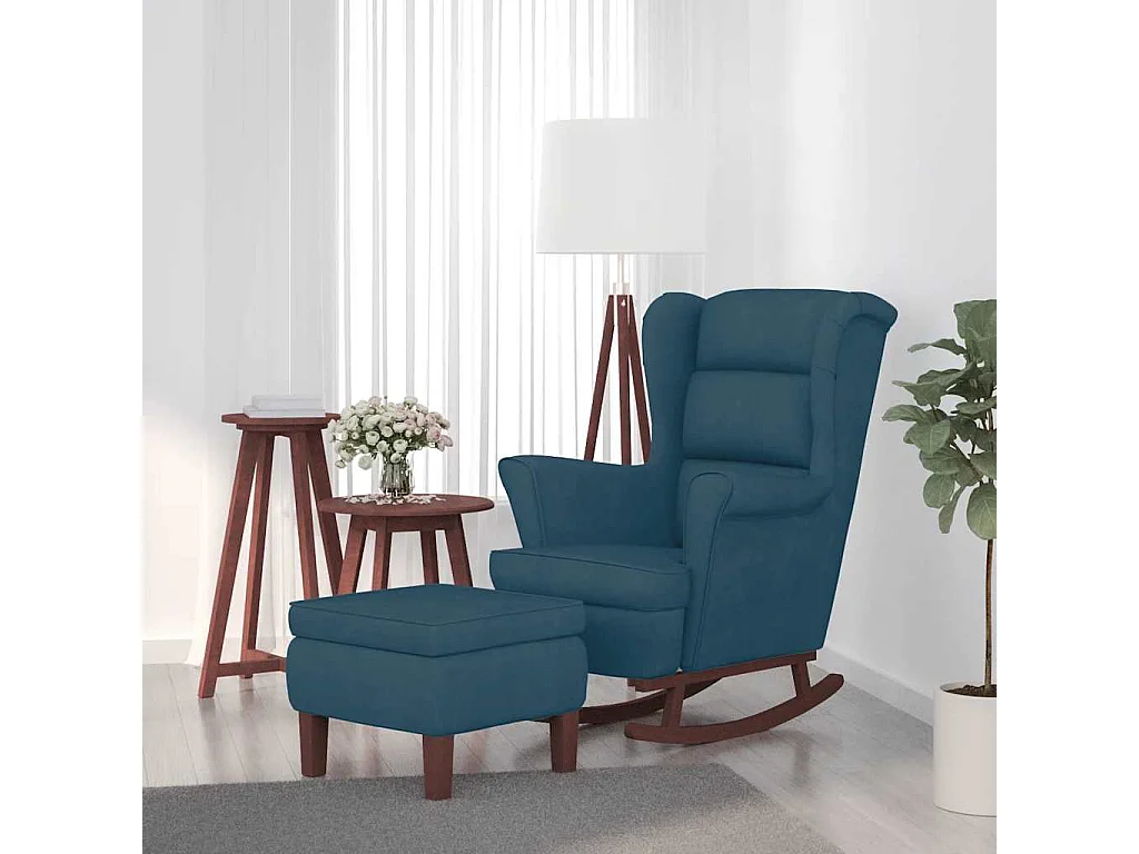 Fauteuil à bascule à oreilles en velours bleu bois massif