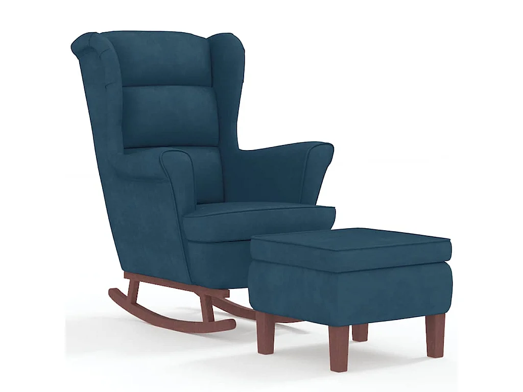 Fauteuil à bascule à oreilles en velours bleu bois massif