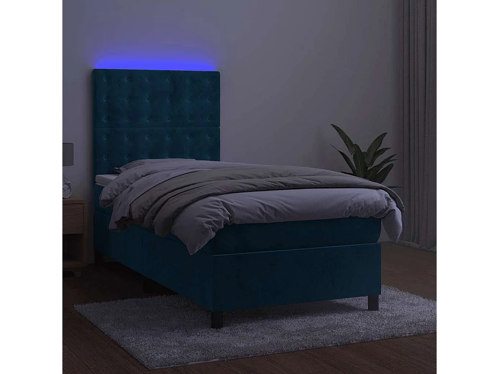 Letto a Molle con Materasso e LED Blu Scuro 80x200cm in Velluto