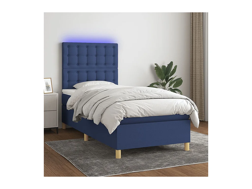 Sommier à lattes de lit et matelas et LED Bleu 80x200cm Tissu