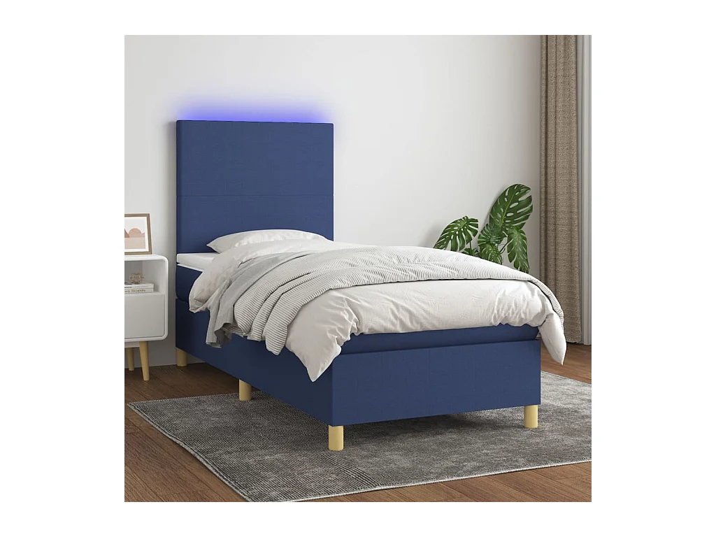 Sommier à lattes de lit avec matelas et LED Bleu 90x200cm Tissu