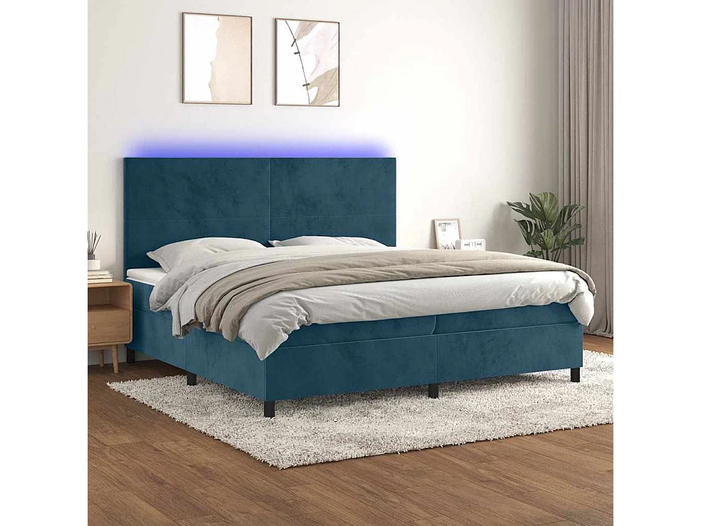 Letto a Molle con Materasso e LED Blu Scuro 200x200 cm