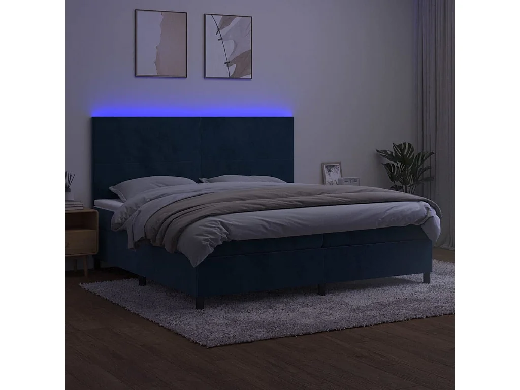Letto a Molle con Materasso e LED Blu Scuro 200x200 cm