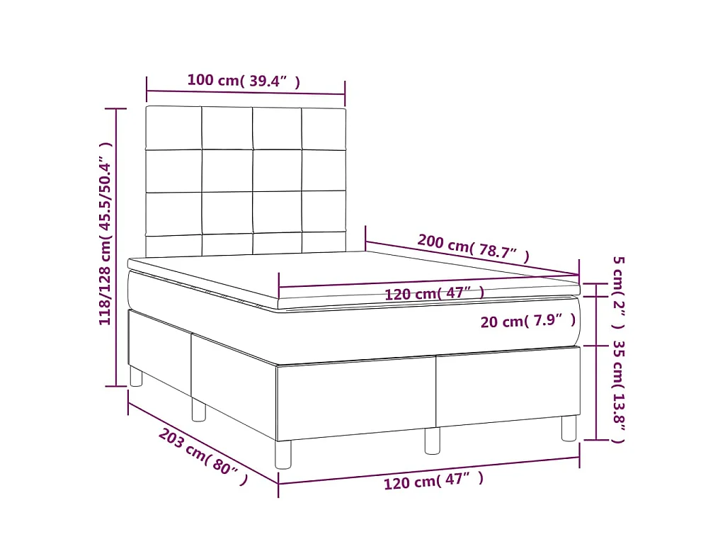 Sommier à lattes de lit et matelas et LED Taupe 120x200cm Tissu