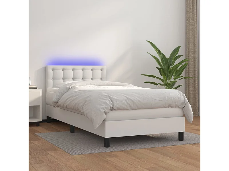 Cama box spring c/ colchão/LED 90x190cm couro artificial branco