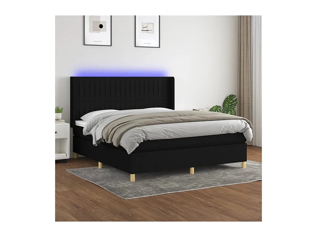 Sommier à lattes de lit matelas et LED Noir 180x200 cm Tissu