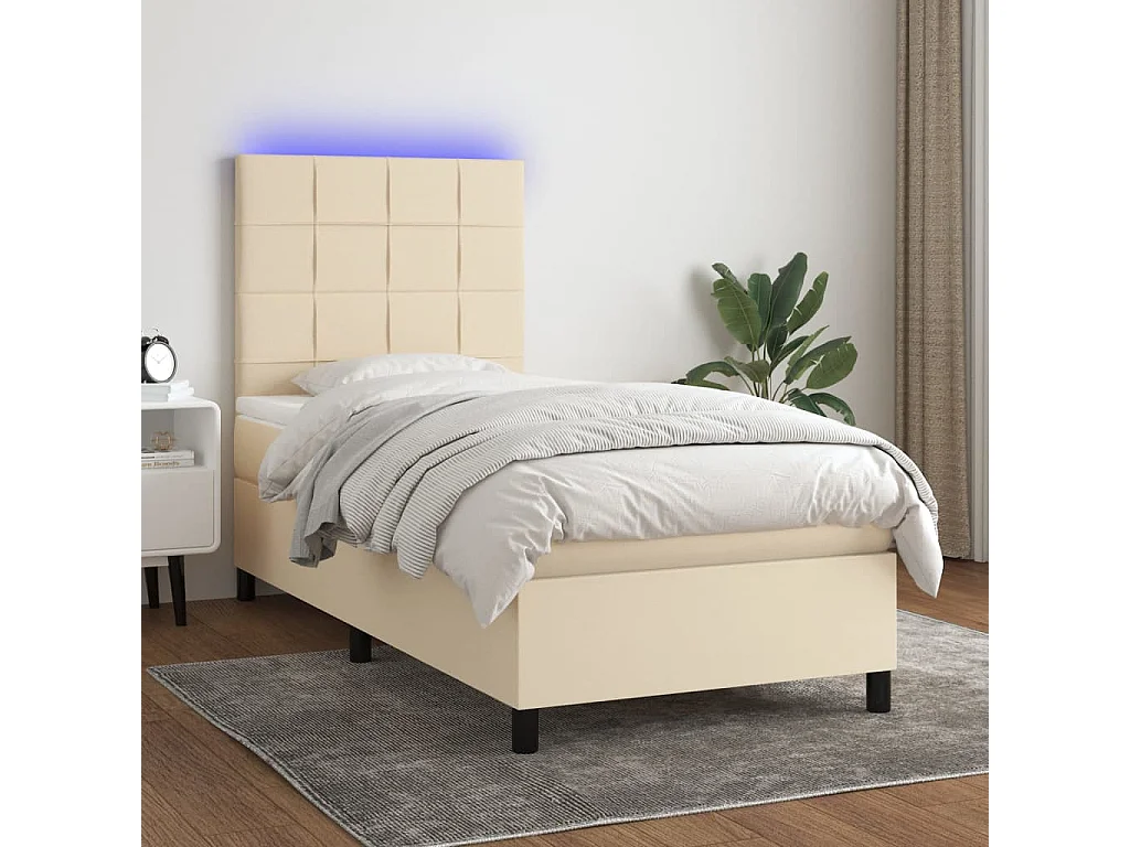 Sommier à lattes de lit et matelas et LED Crème 90x190 cm Tissu