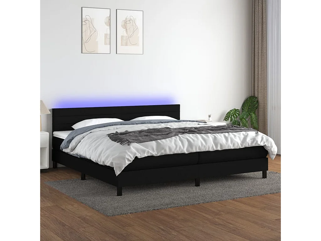 Sommier à lattes de lit et matelas et LED Noir 200x200 cm Tissu