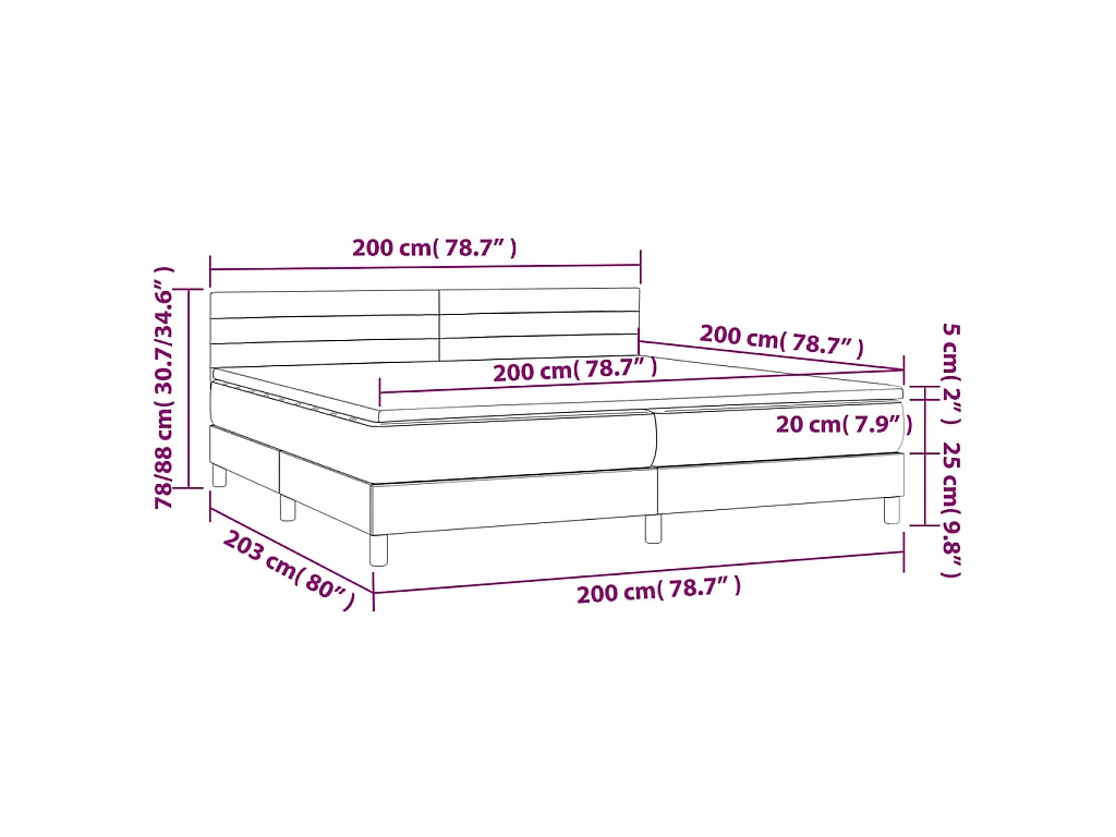 Sommier à lattes de lit et matelas et LED Noir 200x200 cm Tissu