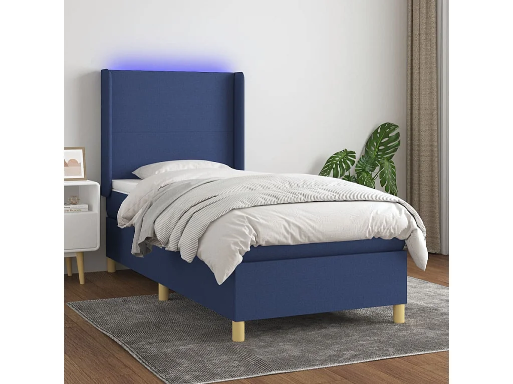Cama box spring c/ colchão e LED 80x200 cm tecido azul