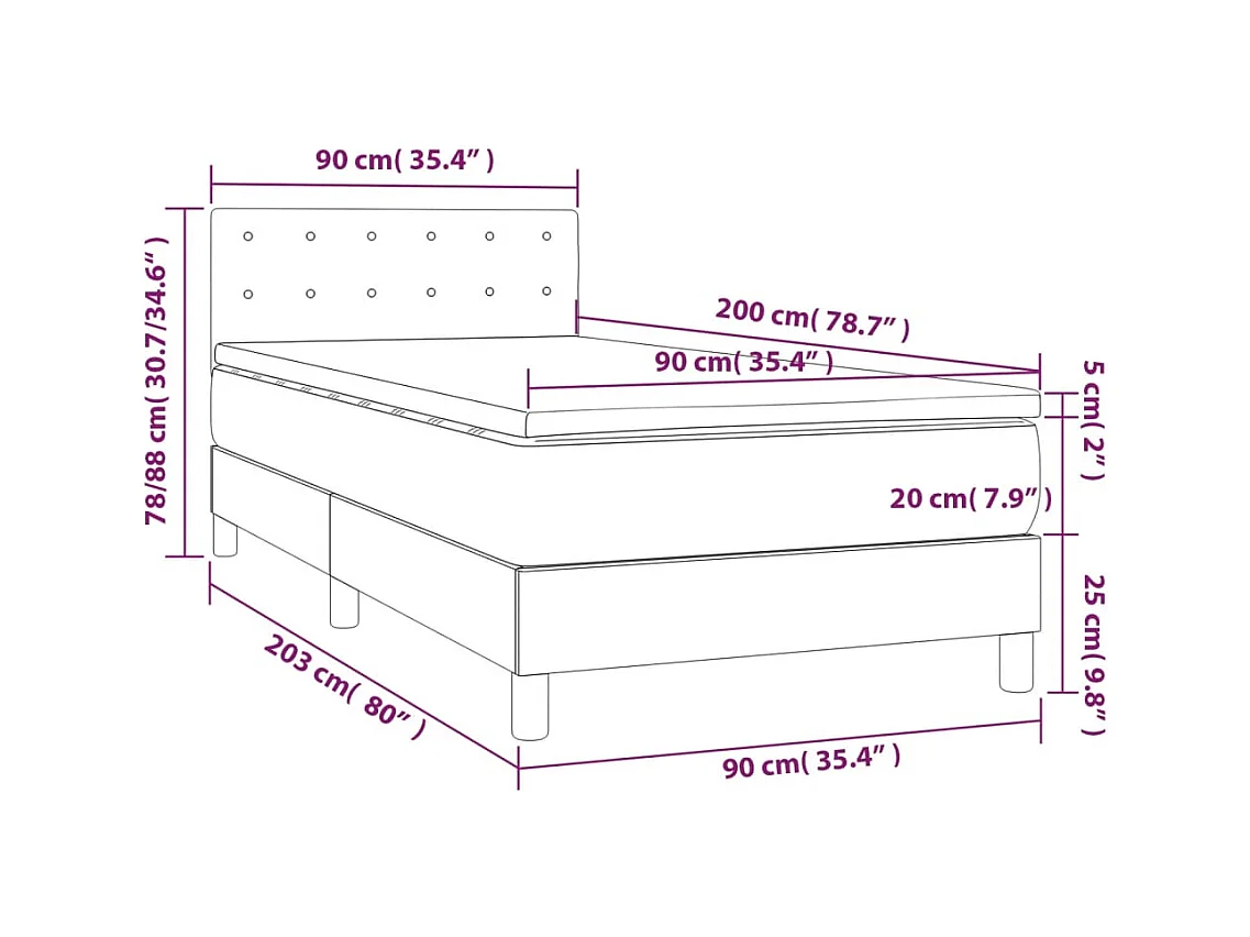 Letto a Molle con Materasso e LED Blu Scuro 90x200cm in Velluto