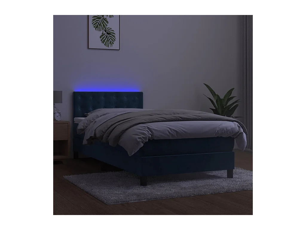 Letto a Molle con Materasso e LED Blu Scuro 90x200cm in Velluto