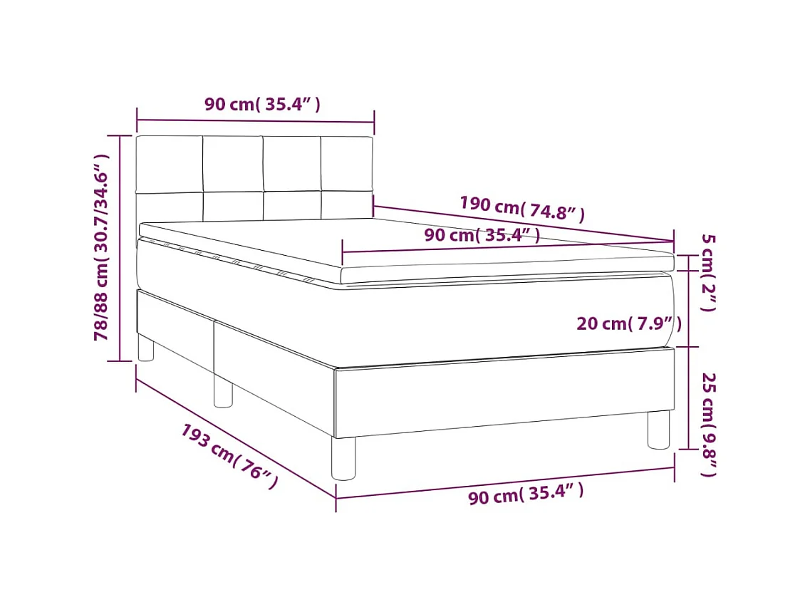 Letto a Molle con Materasso e LED Blu Scuro 90x190cm in Velluto