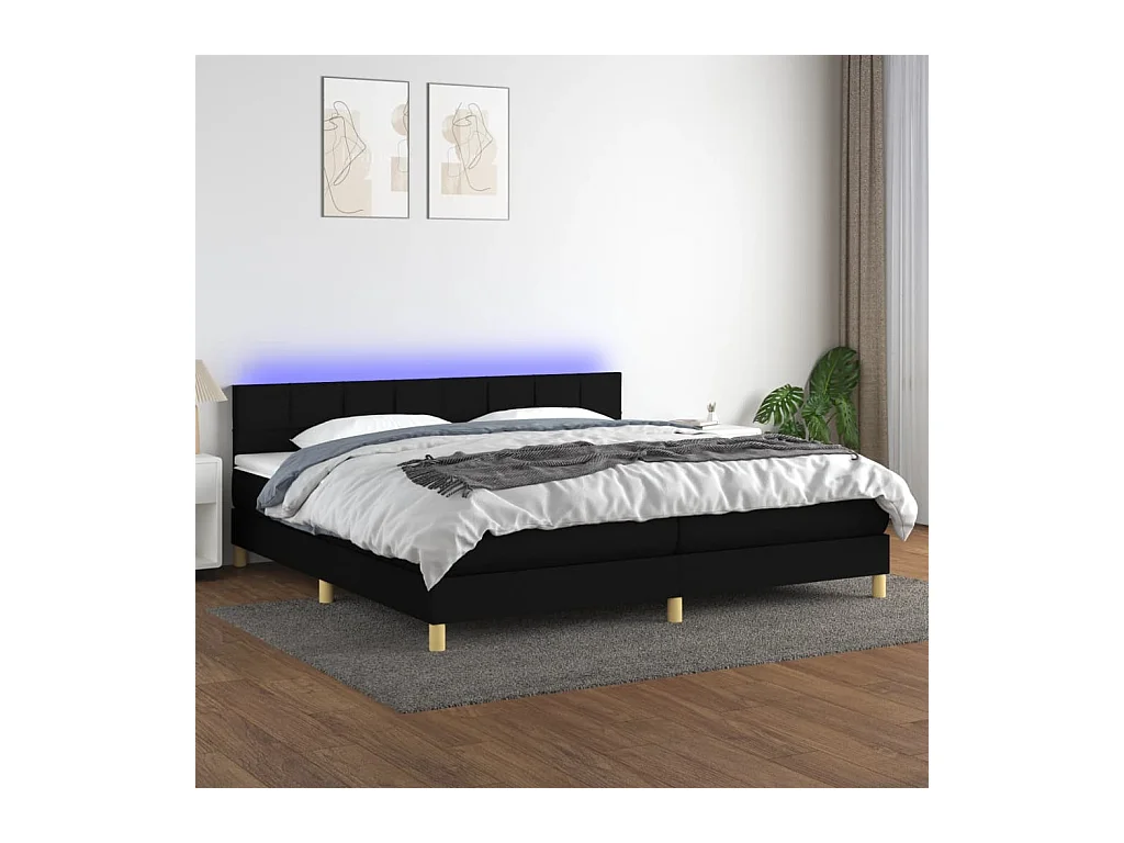 Sommier à lattes de lit et matelas et LED Noir 200x200 cm Tissu