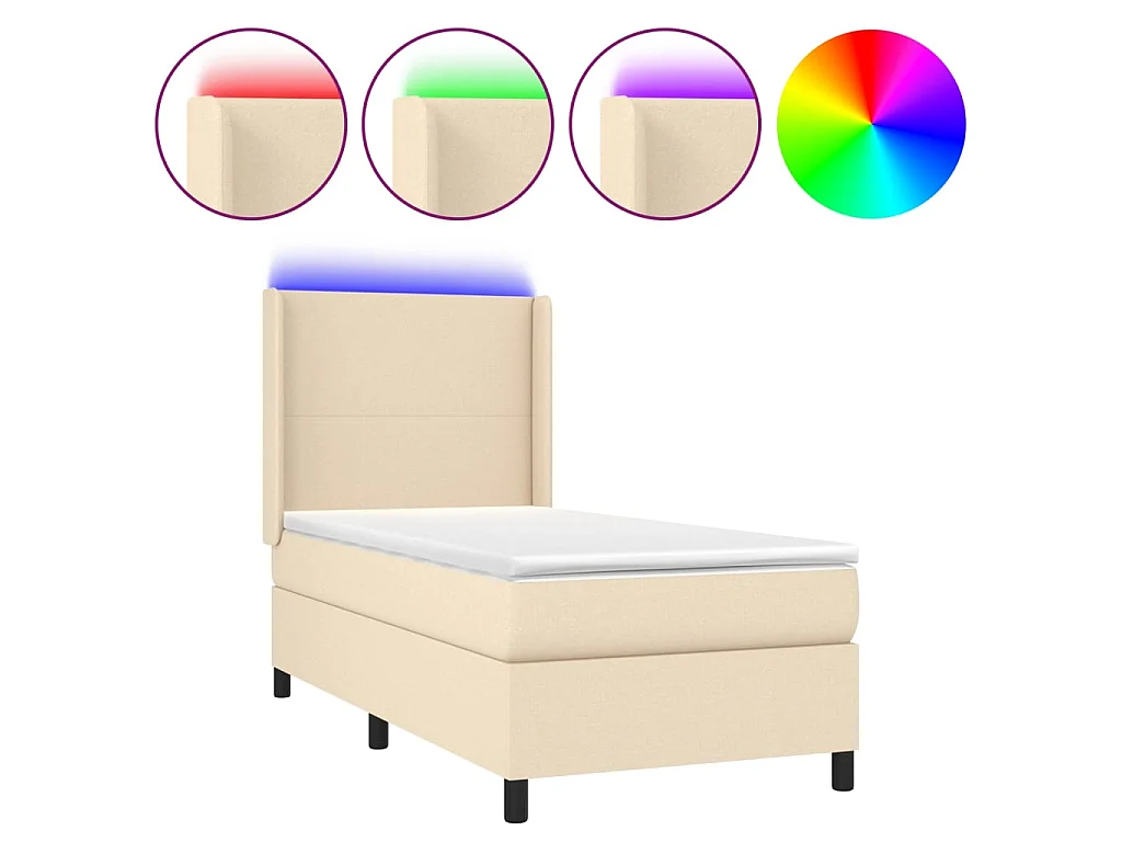 Cama box spring c/ colchão e LED 90x190 cm tecido cor creme