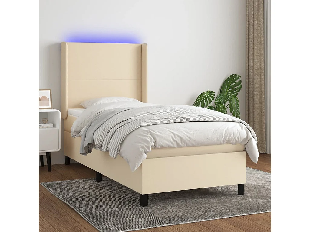 Cama box spring c/ colchão e LED 90x190 cm tecido cor creme