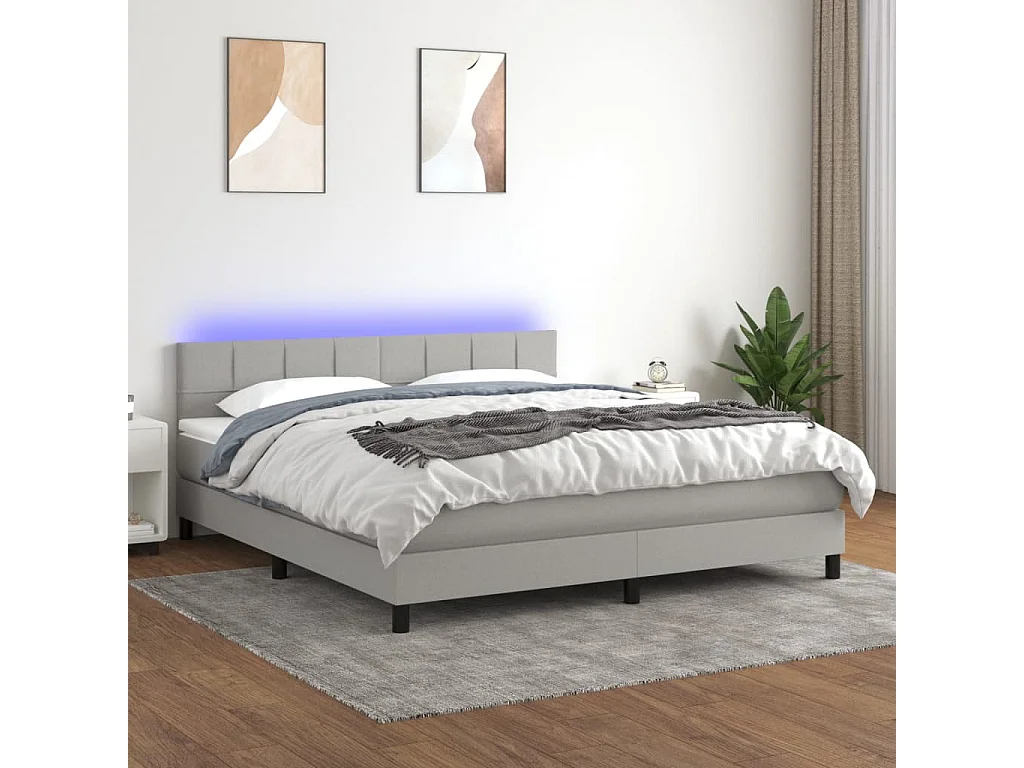 Cama box spring colchón y luces LED tela gris claro 160x200 cm