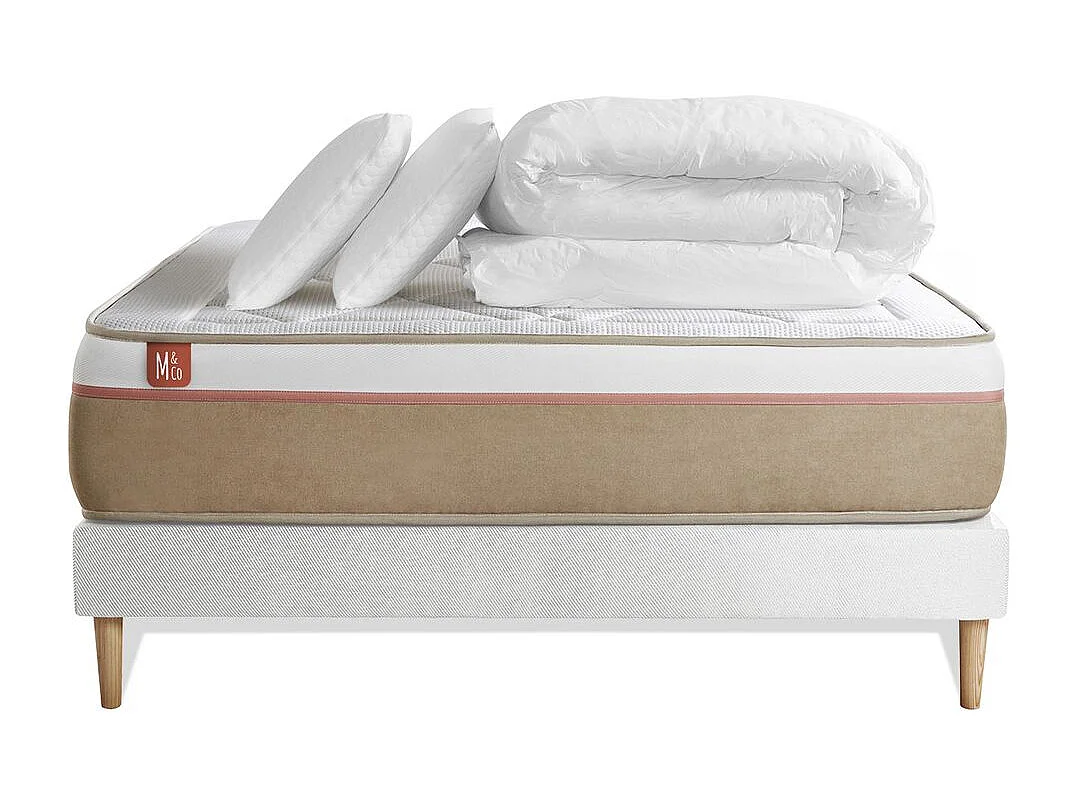 Pack prêt à dormir matelas LE SOYEUX 140x190cm Ressorts ensachés + Mémoire de forme BioVisco + sommier kit Blanc