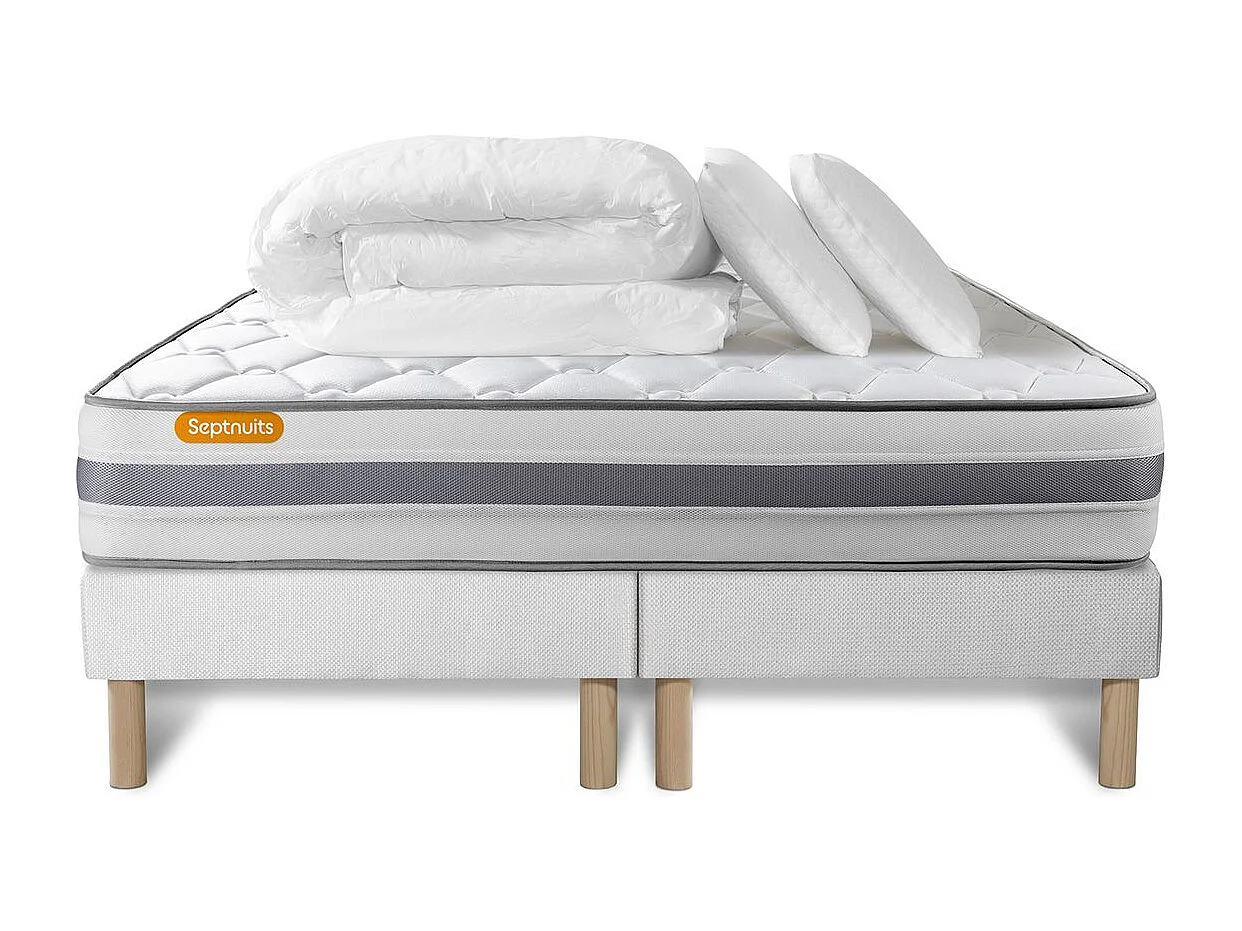 Pack matelas 160x200 + double sommiers 80x200 Memo Spring Ressorts ensachés 3 zones MAXI épaisseur + Couette + 2 oreillers