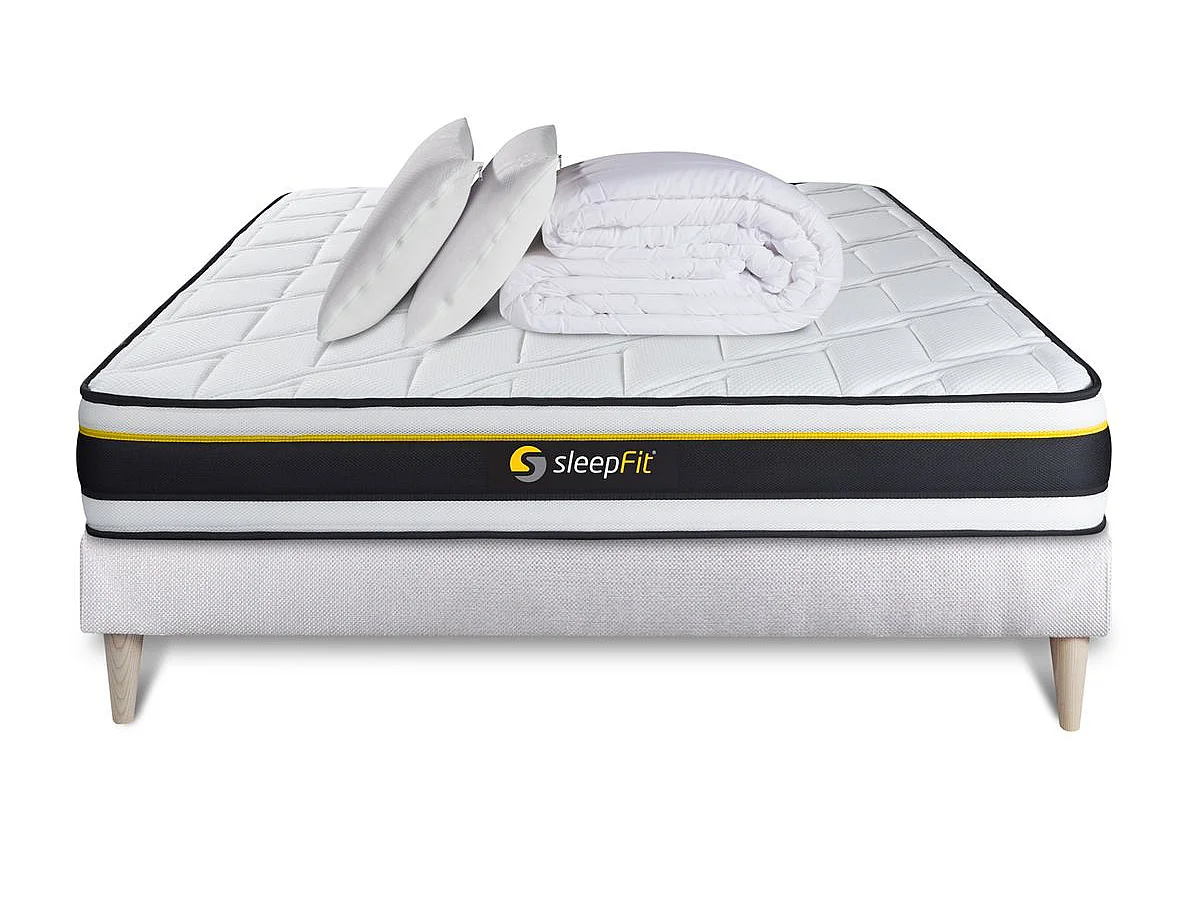 Pack sommier + matelas SOFT 160x200 + 2 oreillers mémoire de forme + Couette Percale