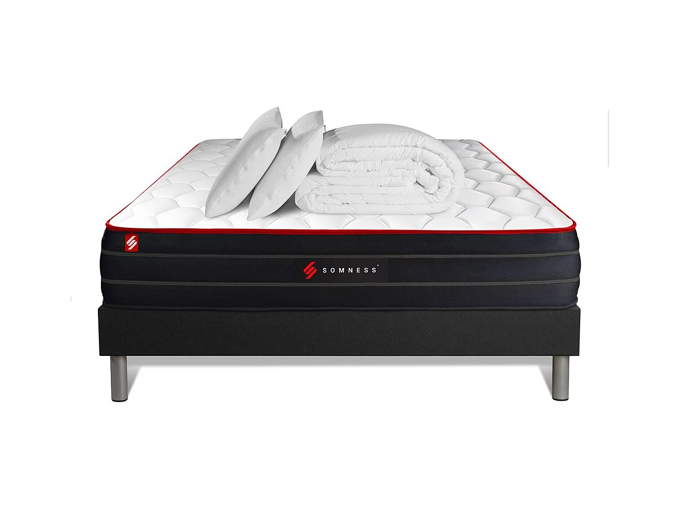 Pack prêt à dormir 140x190 matelas BOOST ressorts ensachés et mémoire de forme + sommier kit noir + Couette + 2 oreillers