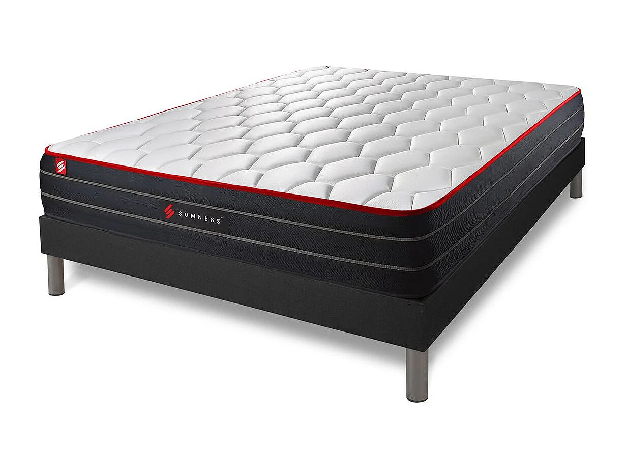 Pack prêt à dormir 140x190 matelas BOOST ressorts ensachés et mémoire de forme + sommier kit noir + Couette + 2 oreillers