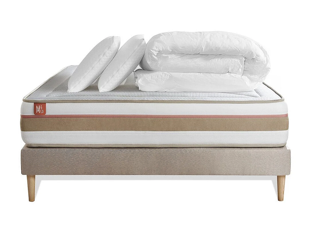 Pack prêt à dormir matelas LE TENDRE 140x200 Ressorts ensachés + Mémoire de forme + sommier Beige + 2 oreillers + couette
