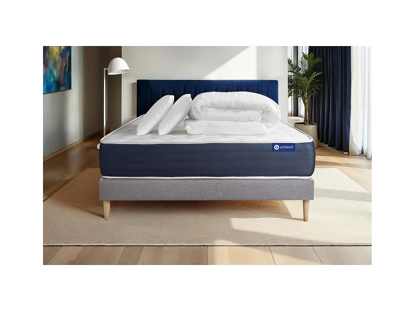 Pack prêt à dormir matelas Latex et Mémoire de forme ACTILATEX SLEEP 180x200 cm + sommier KIT gris + 2 oreillers + couette