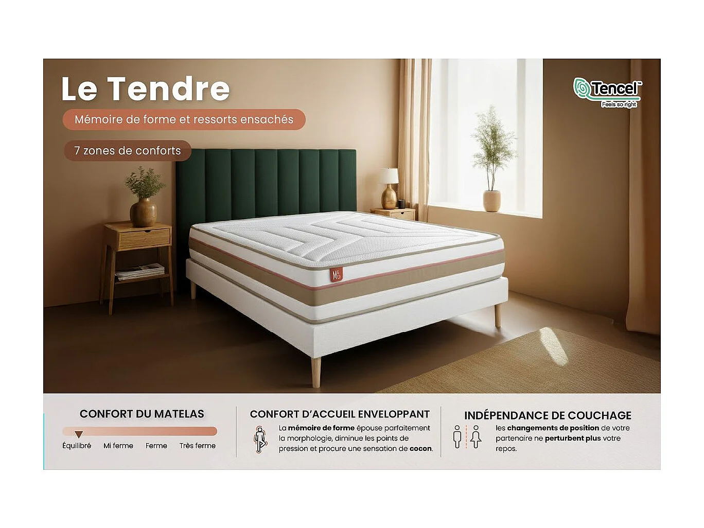 Ensemble LE TENDRE 90x200cm Ressorts ensachés + Mémoire de forme 7 zones de confort - Ep. 28cm + sommier Beige