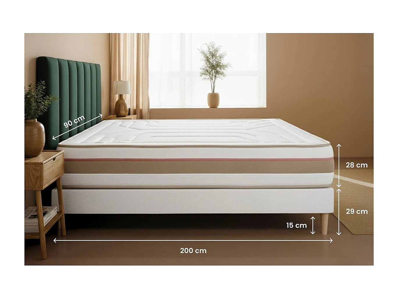 Ensemble LE TENDRE 90x200cm Ressorts ensachés + Mémoire de forme 7 zones de confort - Ep. 28cm + sommier Beige
