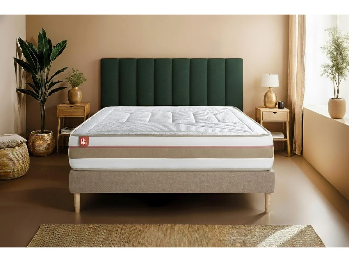 Ensemble LE TENDRE 90x200cm Ressorts ensachés + Mémoire de forme 7 zones de confort - Ep. 28cm + sommier Beige