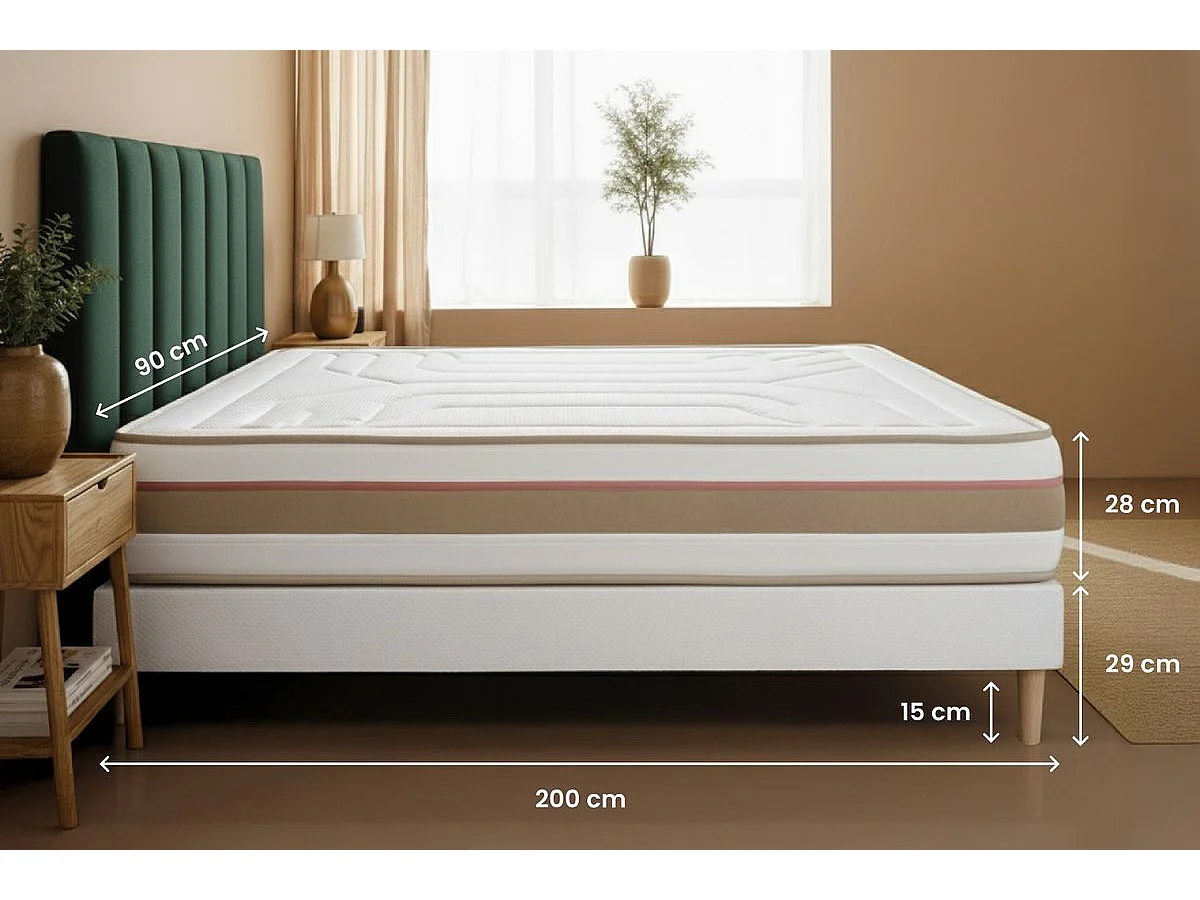 Ensemble LE TENDRE 90x200cm Ressorts ensachés + Mémoire de forme 7 zones de confort - Ep. 28cm + sommier Beige