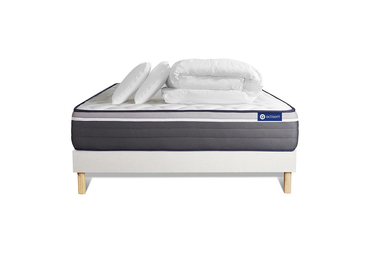 Pack prêt à dormir matelas ACTIFLEX PLUS 140x190 Ressorts ensachés+Mémoire de forme + sommier KIT blanc + 2 oreillers+couette