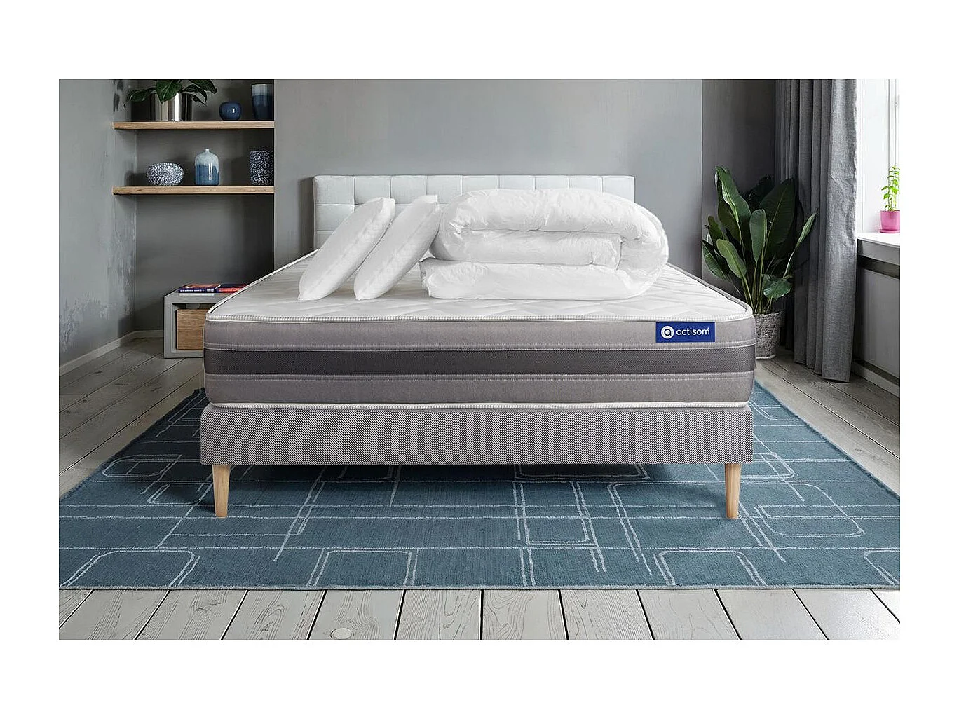 Komplettpaket Bett - Matratze 200x200 cm + Boxspringbett mit Lattenrost (im Set) + 2 Kopfkissen + Bettdecke - Actilatex Relax