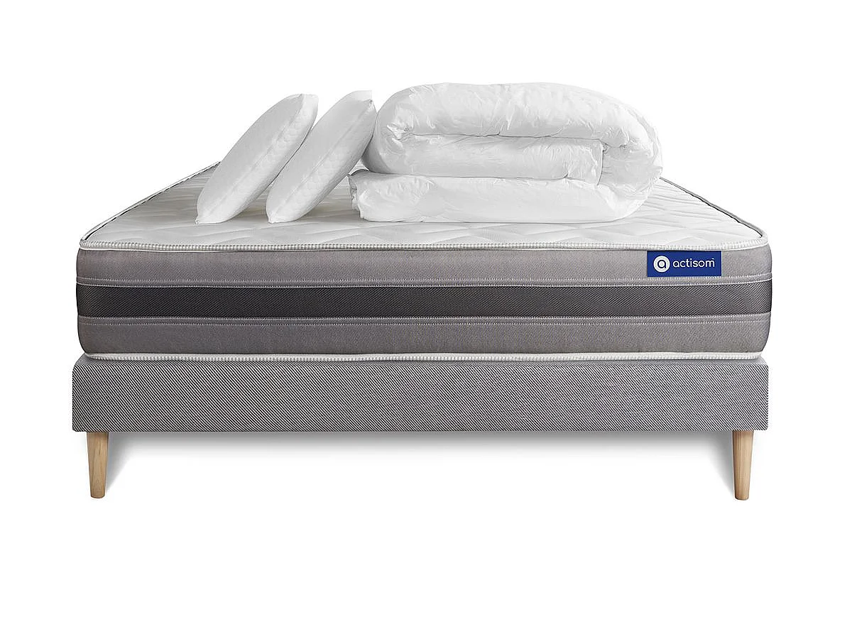 Pack prêt à dormir matelas ACTILATEX RELAX Latex et mémoire de forme 200x200 cm + sommier KIT gris + 2 oreillers + couette