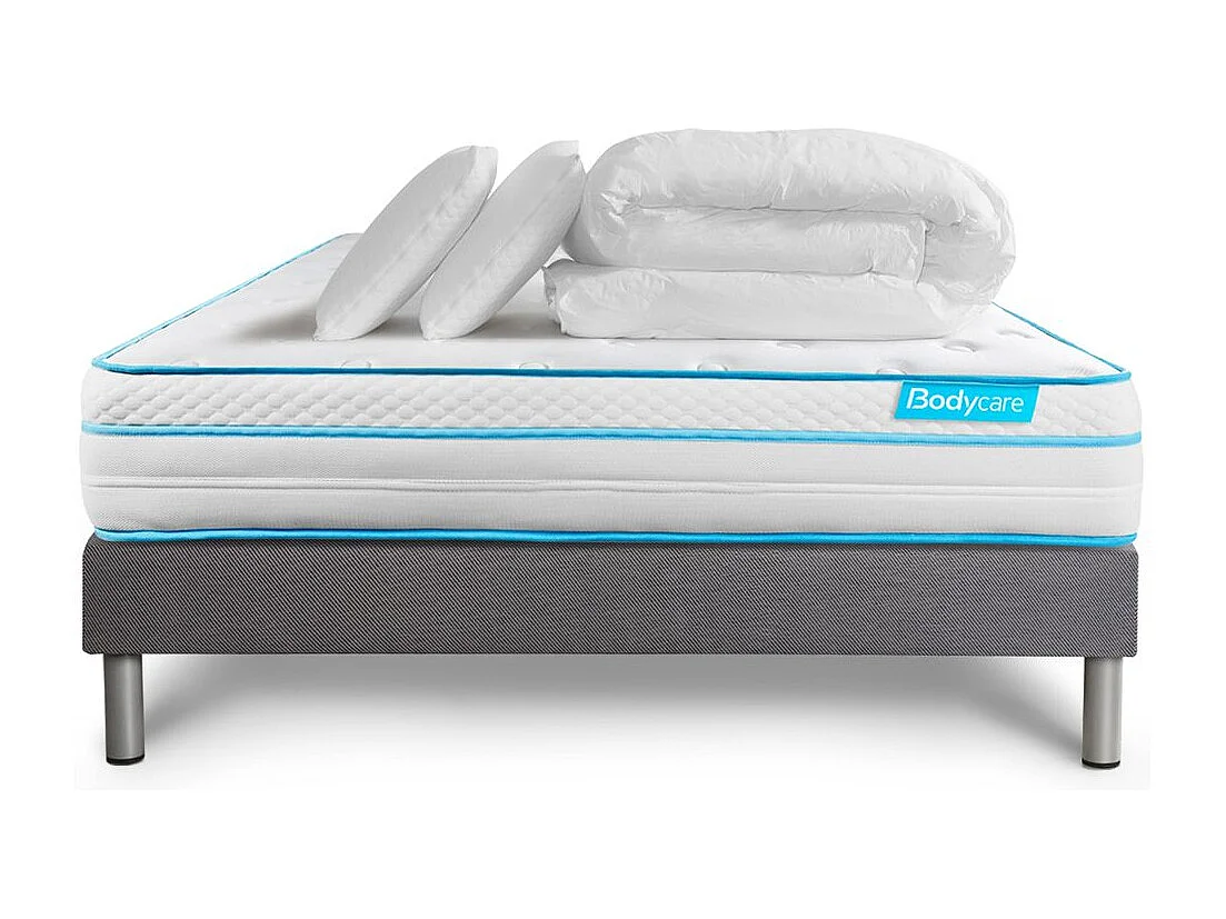 Pack 140x200 matelas BodyMax + sommier kit gris + Couette 240x220cm + 2 oreillers 60x40cm