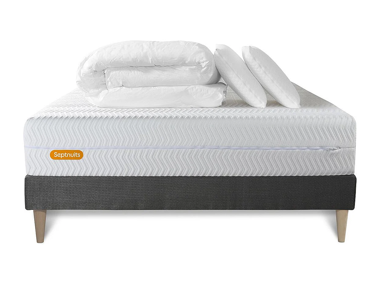 PACK Matelas + sommier kit gris 180x200 Memo Bio Mousse à mémoire de forme Maxi épaisseur + Couette + 2 oreillers