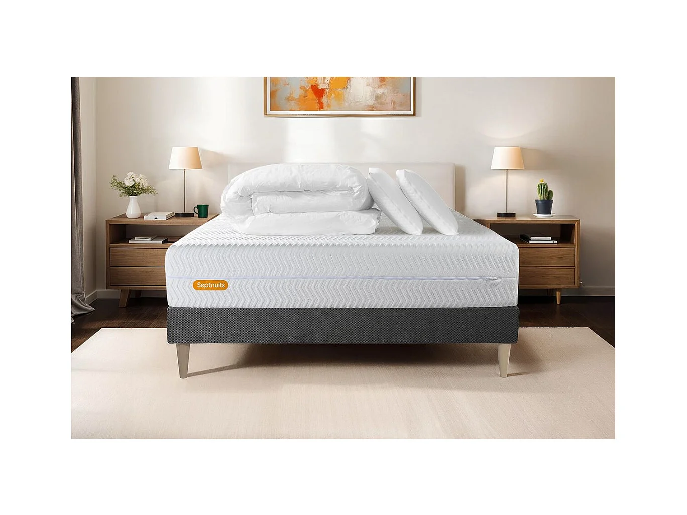 PACK Matelas + sommier kit gris 180x200 Memo Bio Mousse à mémoire de forme Maxi épaisseur + Couette + 2 oreillers