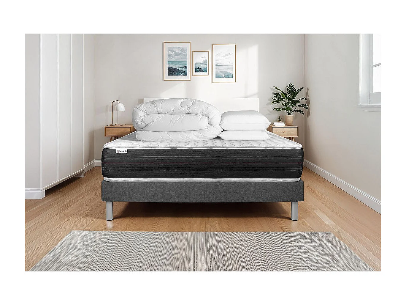 Pack prêt à dormir VITALSPRING 160 x 200 cm sommier Kit gris