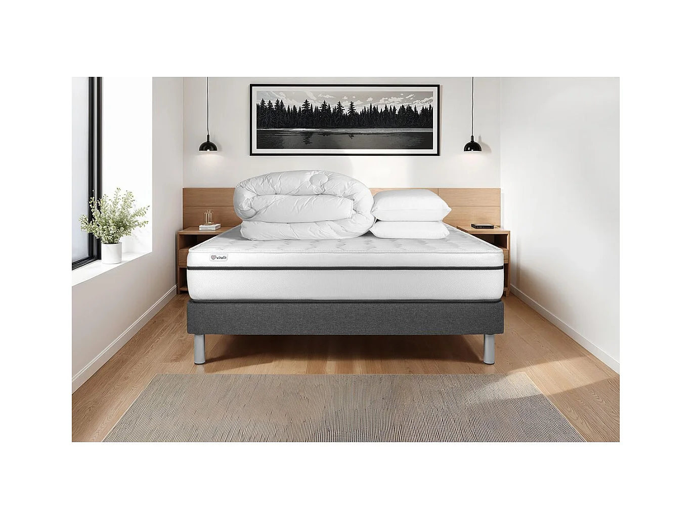 Komplettpaket Bett - Matratze 200x200 cm + Boxspringbett mit Lattenrost (im Set) + 2 Kopfkissen + Bettdecke - Vital Spa