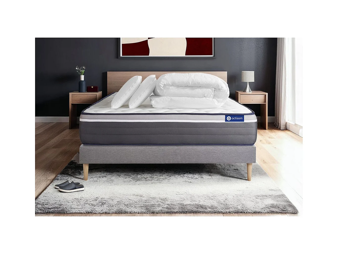 Pack prêt à dormir matelas ACTILATEX PLUS 140x190 cm Latex + Mémoire de forme + sommier KIT gris + 2 oreillers + couette